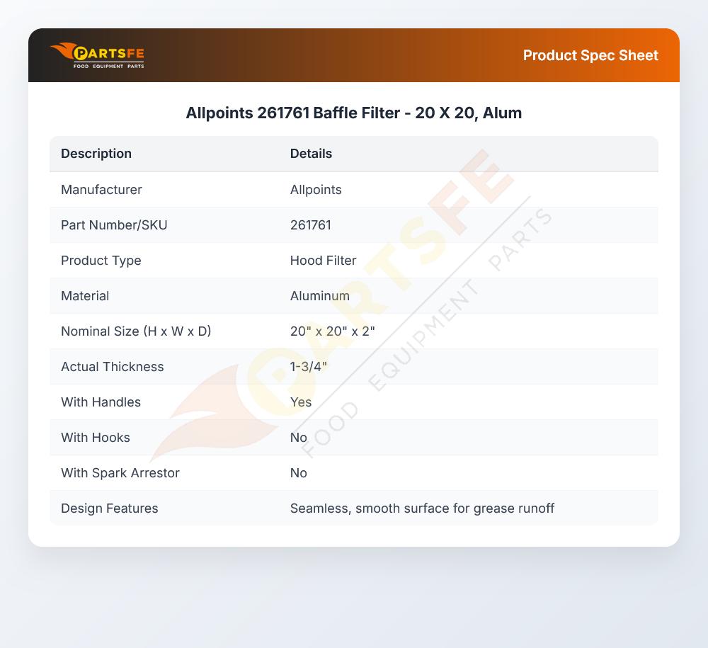 Allpoints 261761 Baffle Filter  - 20 X 20, Alum