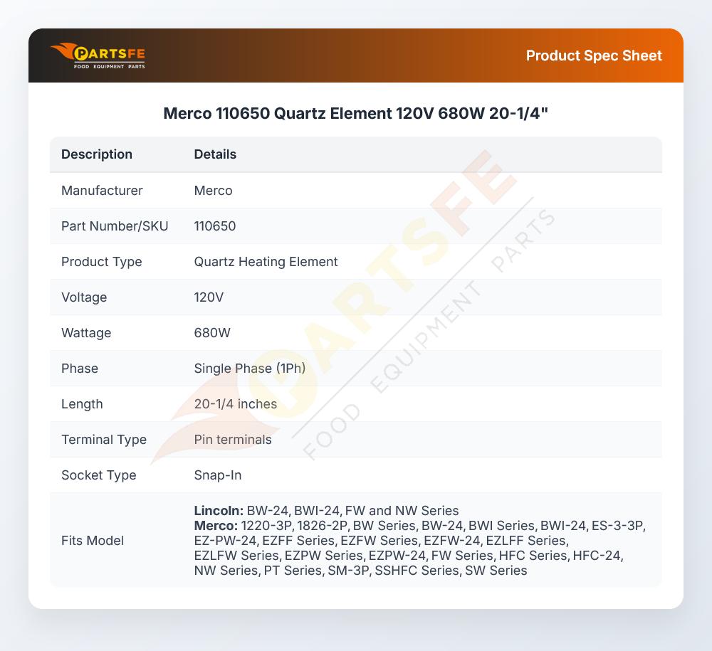 Merco 110650 Quartz Element 20-1/4" 680W 120V