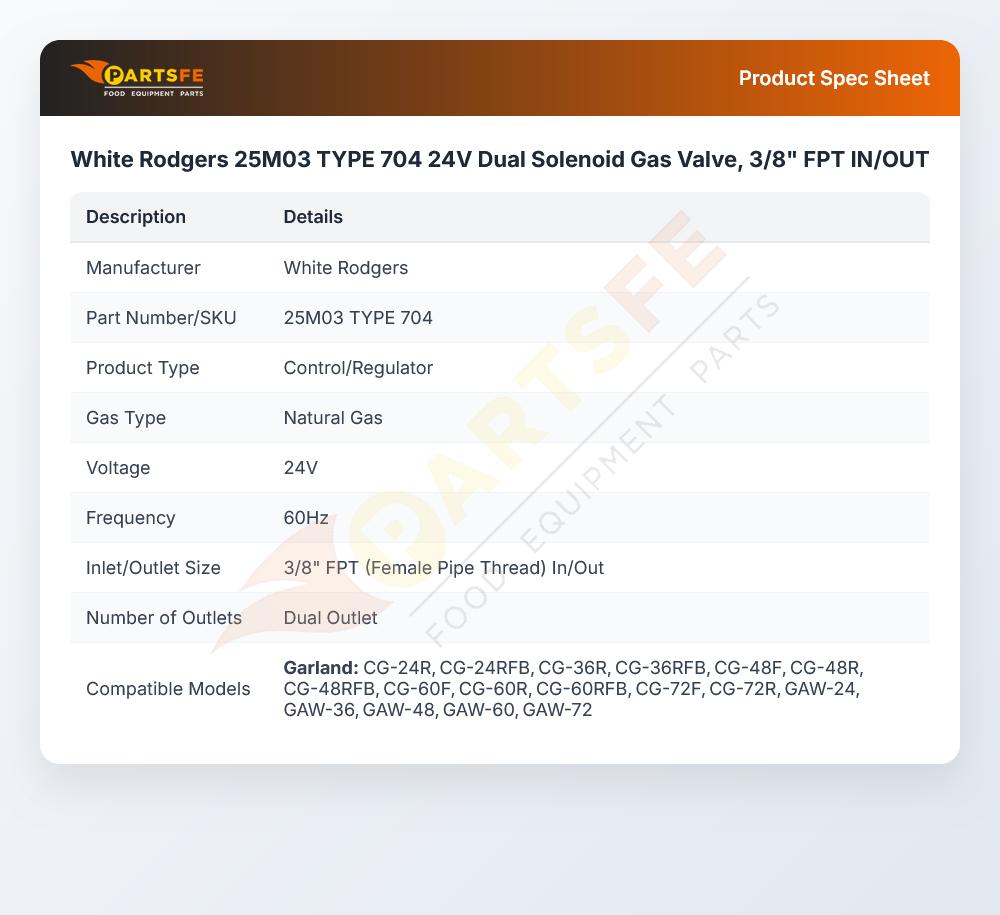 White Rodgers 25M03 TYPE 704 Dual Solenoid Gas Valve 3/8" FPT IN/OUT TYPE 704 24V