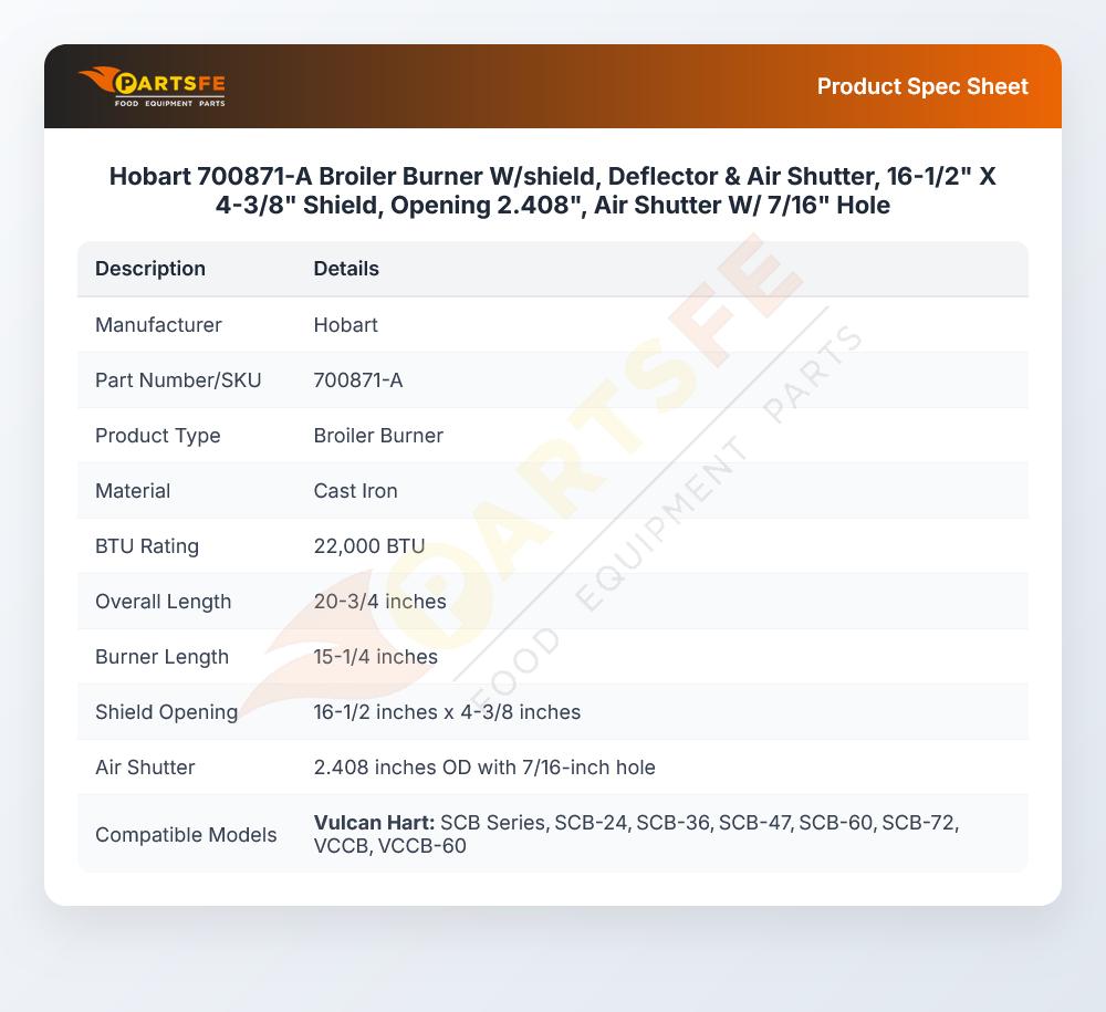 Hobart 700871-A Burner W/Shield Deflector & Air Shutter CI 2.408" OD 7/16" Hole 16-1/2" X 4-3/8"