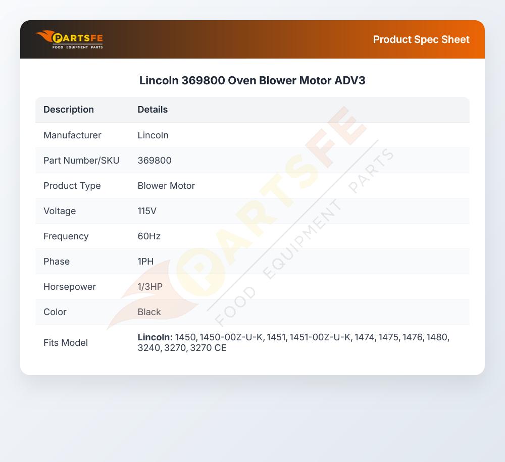 Lincoln 369800 Oven Blower Motor ADV3
