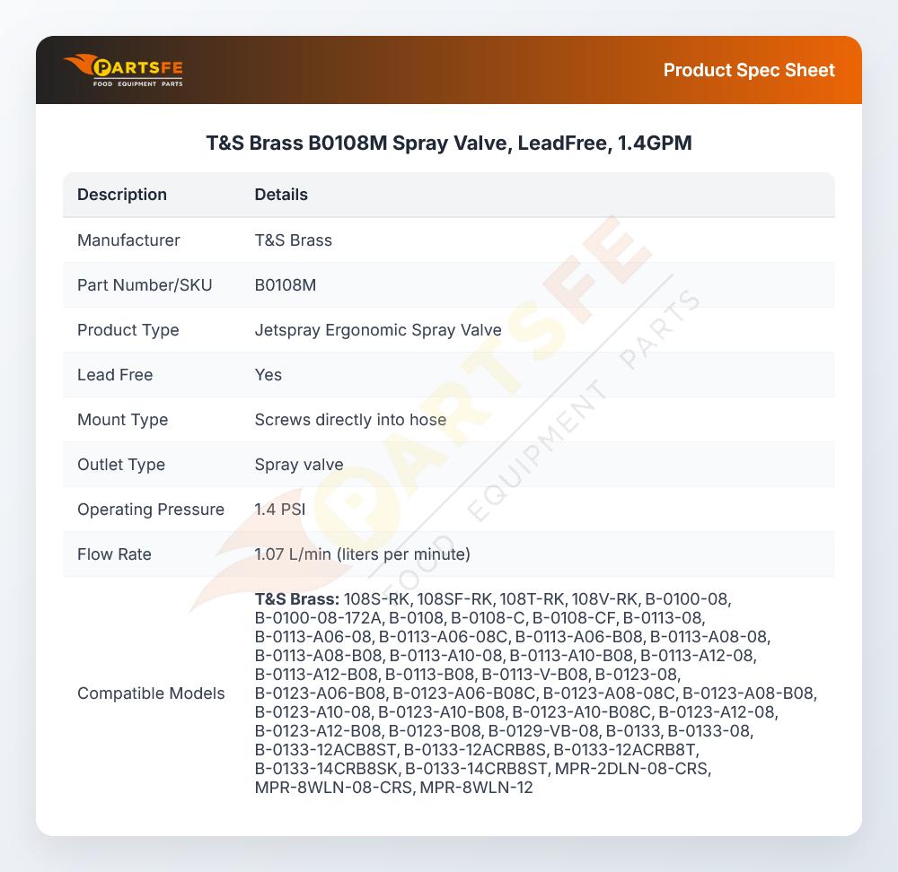 T&S Brass B0108M Spray Valve Lead-Free 1.4 GPM
