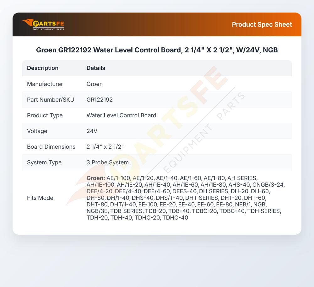Groen GR122192 Jacketed Kettle Water Level Control Board 2 1/4" X 2 1/2" W/24V NGB