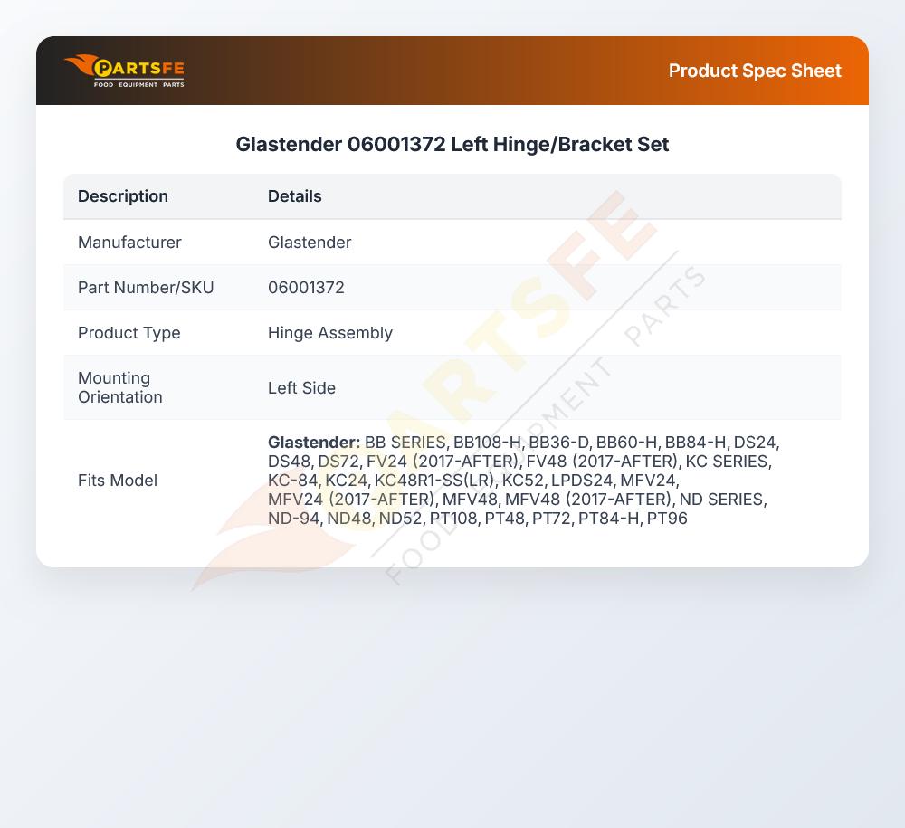 Glastender 06001372 Hinge Set & Brackets 180&ordm; Swing Left Hand