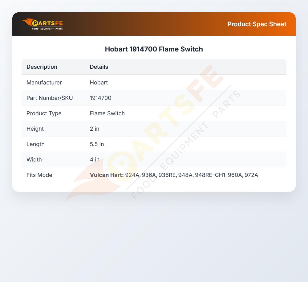 Hobart 1914700 Flame Switch