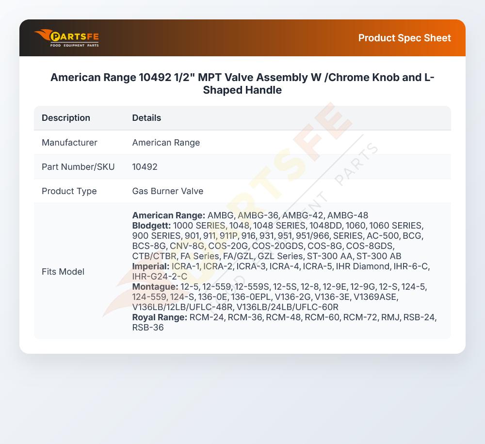 American Range 10492 1/2" MPT Valve Assembly W /Chrome Knob and L-Shaped Handle