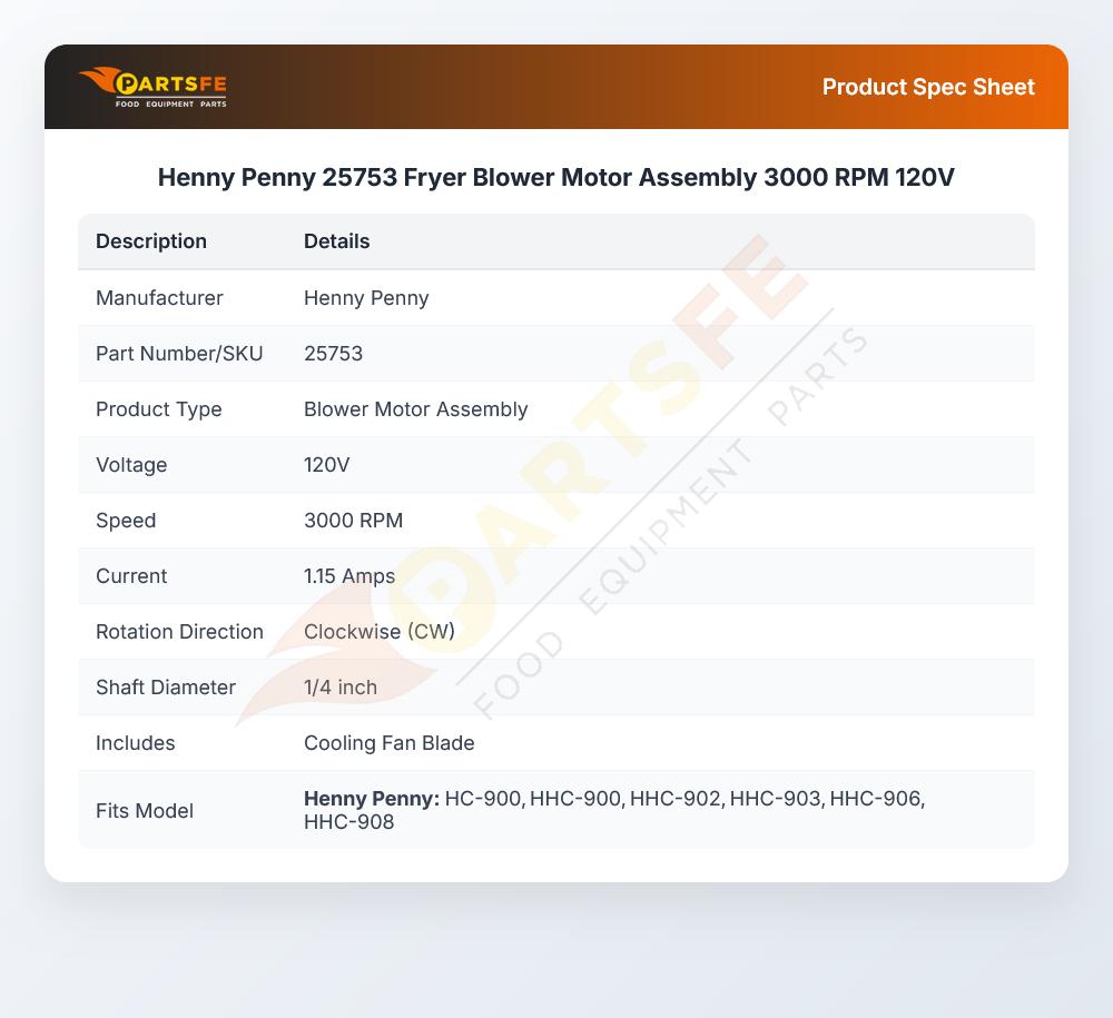 Henny Penny 25753 Fryer Blower Motor Assembly 3000 RPM 120V