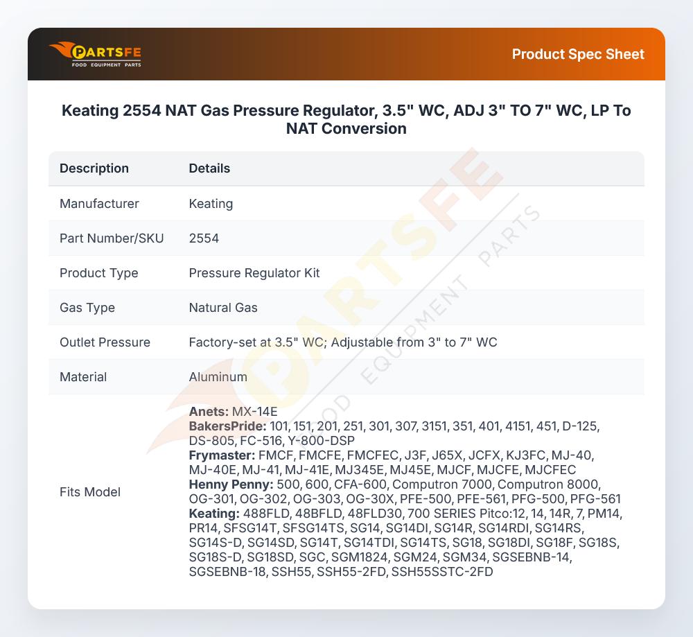 2554 NAT Gas Pressure Regulator, 3.5" WC, ADJ 3" TO 7" WC,  LP To NAT Conversion