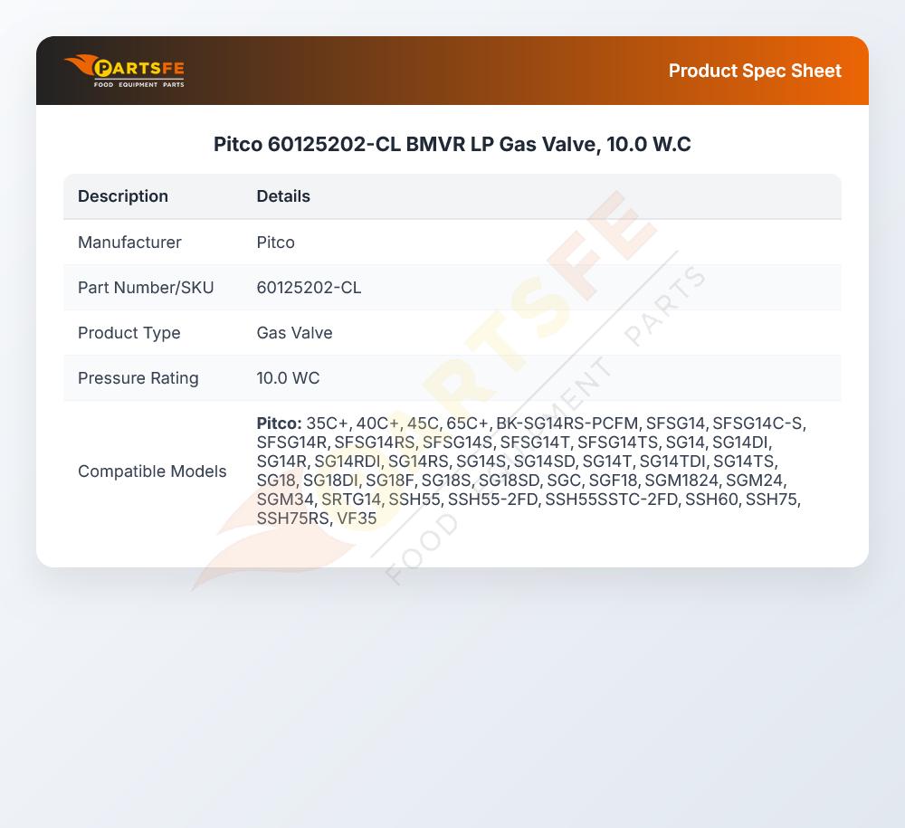 Pitco 60125202-CL Gas Valve LP 10.0" W.C BMVR