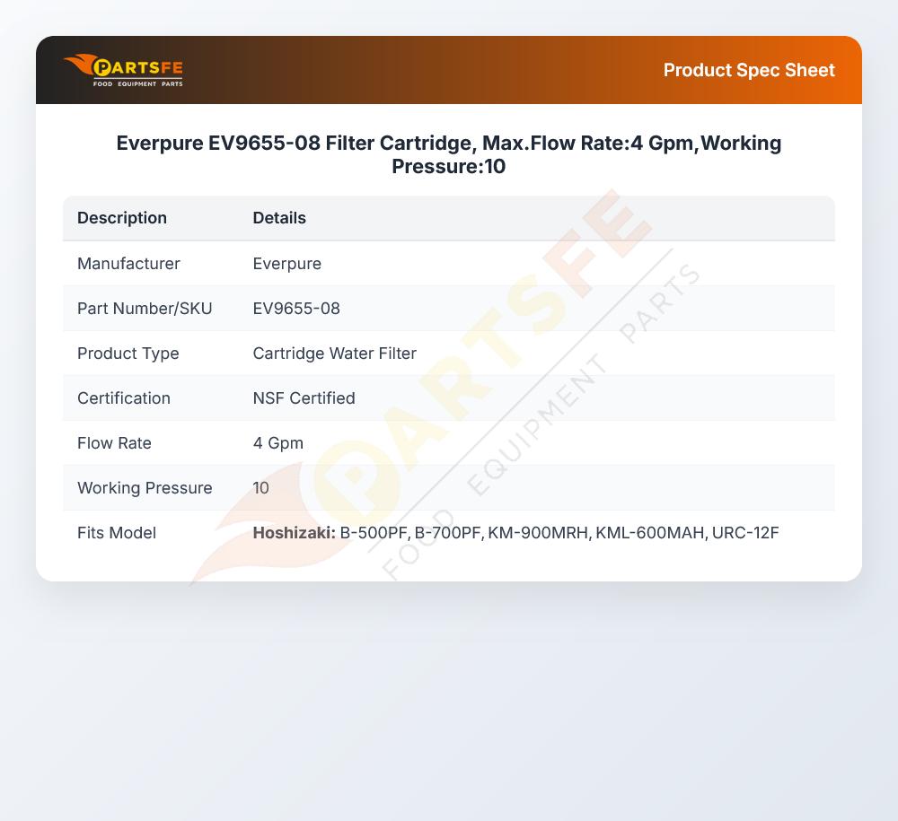 Everpure EV9655-08 Filter Cartridge Max Flow Rate 4 Gpm Working Pressure 10