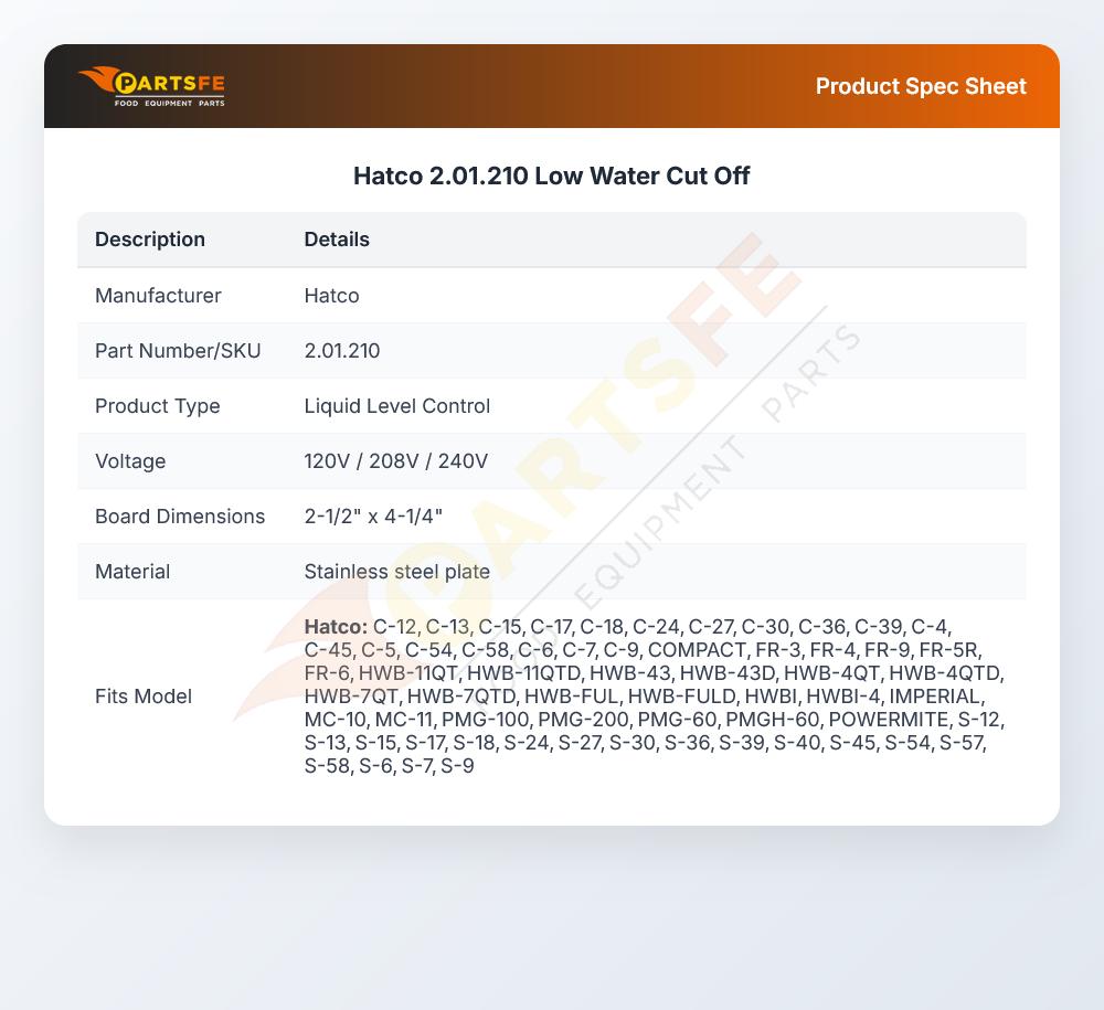 Hatco 2.01.210 Low Water Cut Off Board