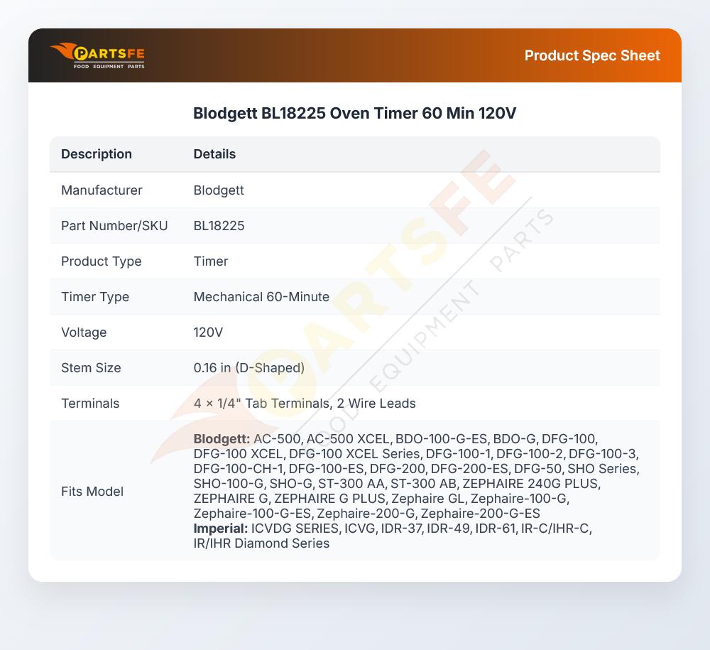 Blodgett BL18225 Oven Timer 60 Min 120V