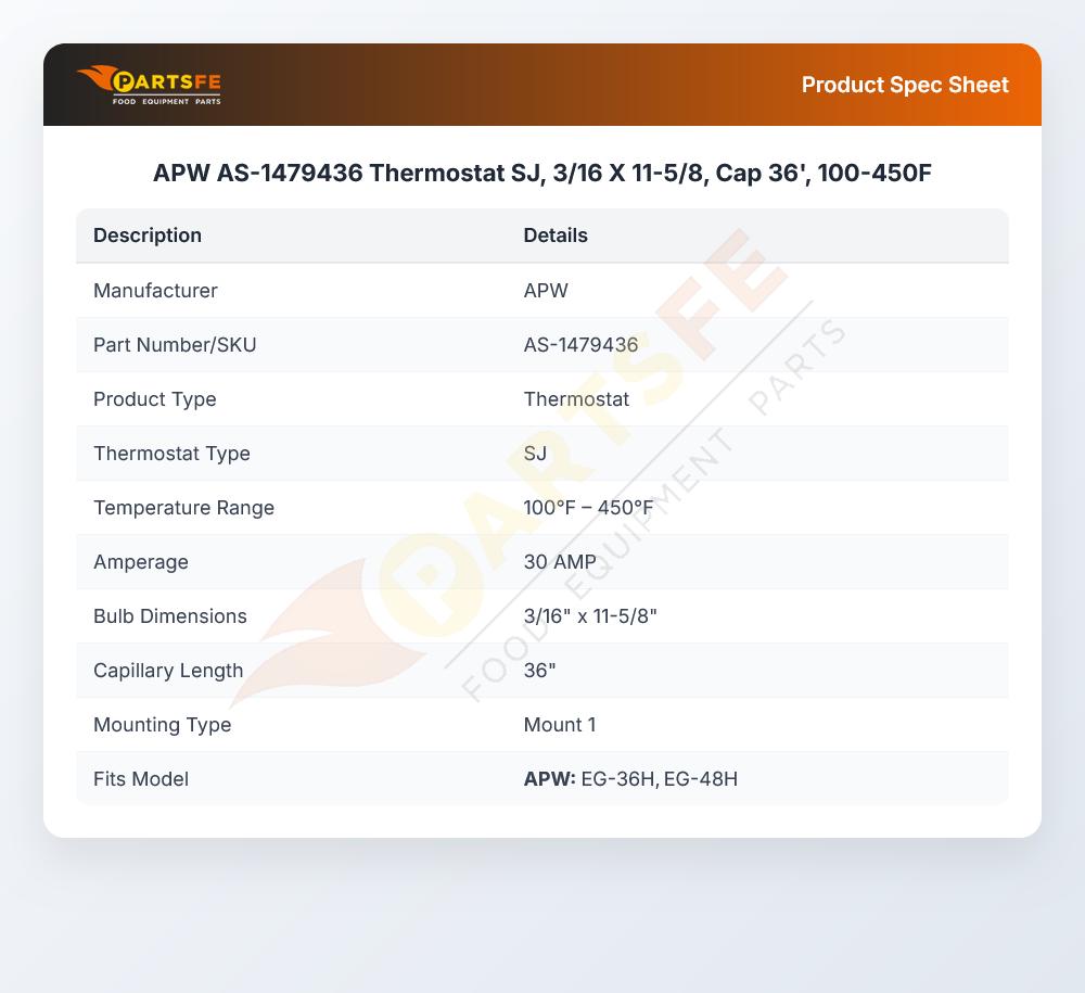APW AS-1479436 Thermostat 3/16" X 11-5/8" 36" CAP 100-450&deg;F SJ