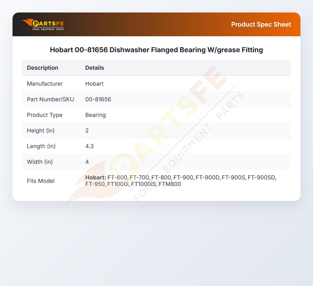Hobart 00-81656 Dishwasher Flanged Bearing W/grease Fitting