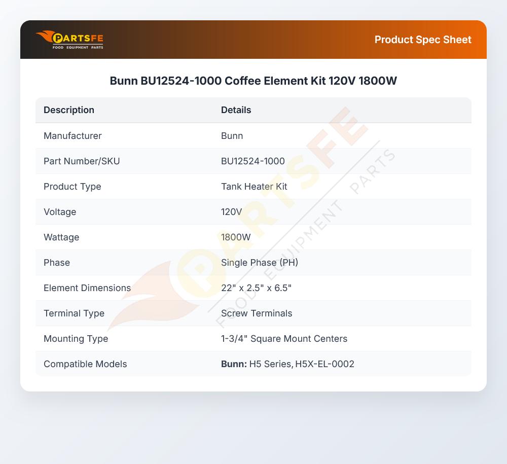 Bunn BU12524-1000 Automatic Brewer Coffee Element Kit 1800W 120V