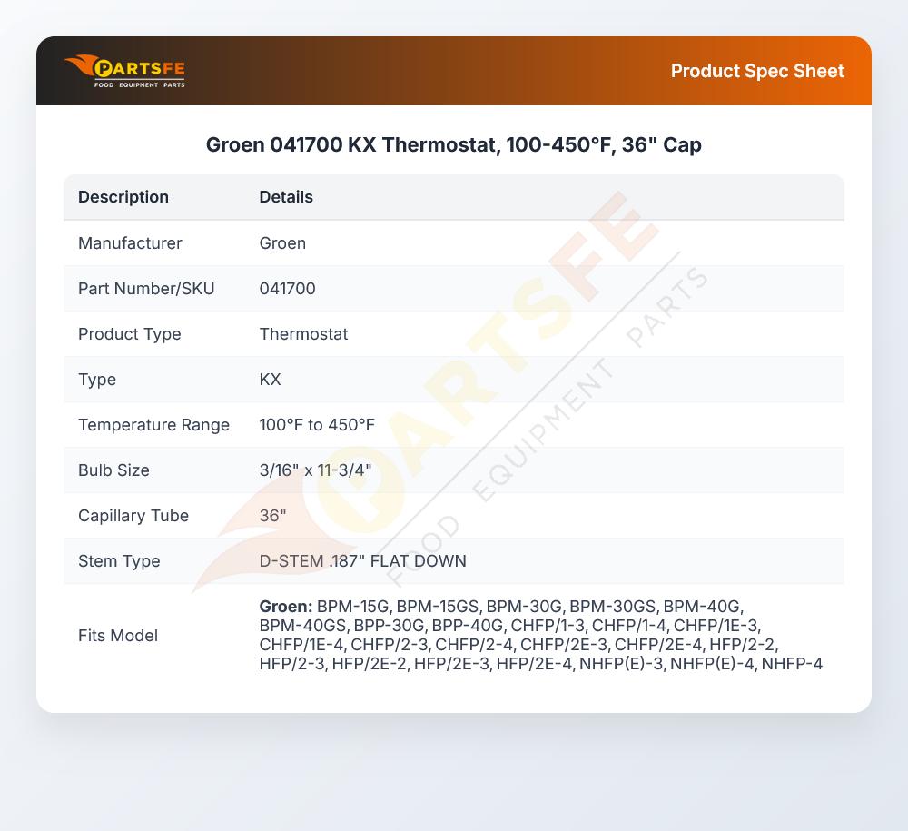 Groen 041700 KX Braising Pan Thermostat 100-450&deg;F 36" CAP