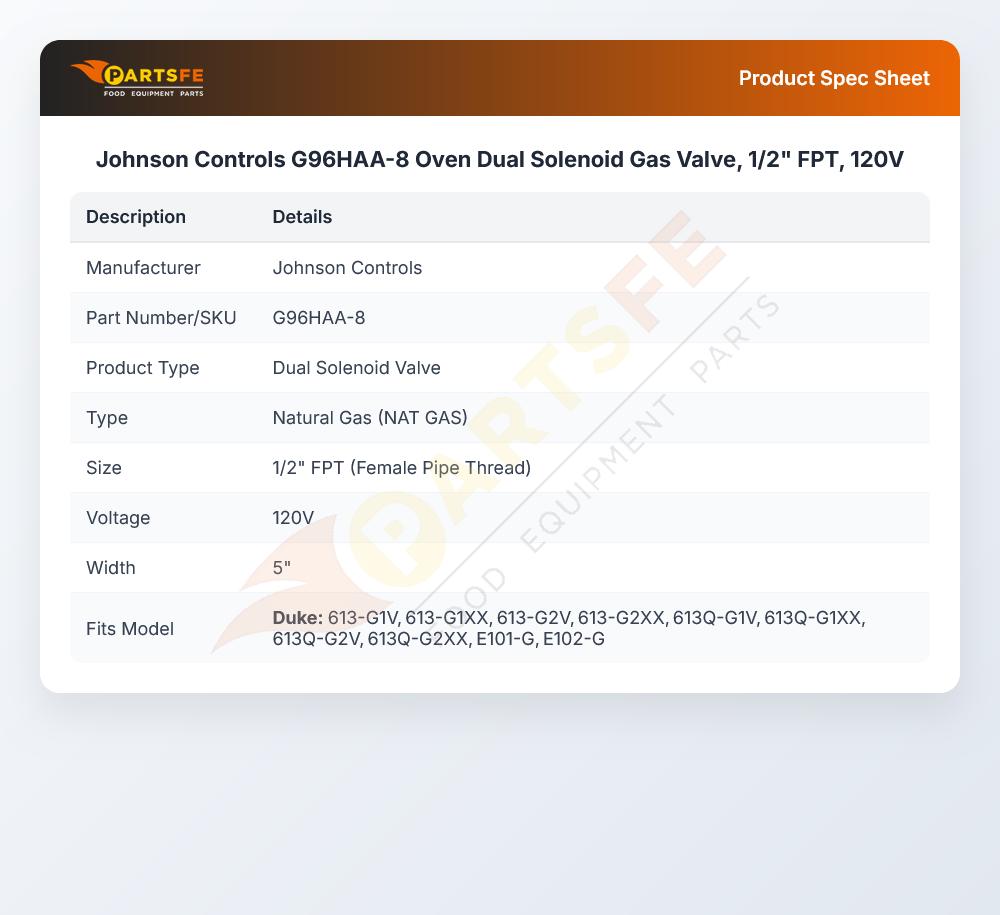 Johnson Controls G96HAA-8 Dual Solenoid Gas Valve 1/2" FPT 120V