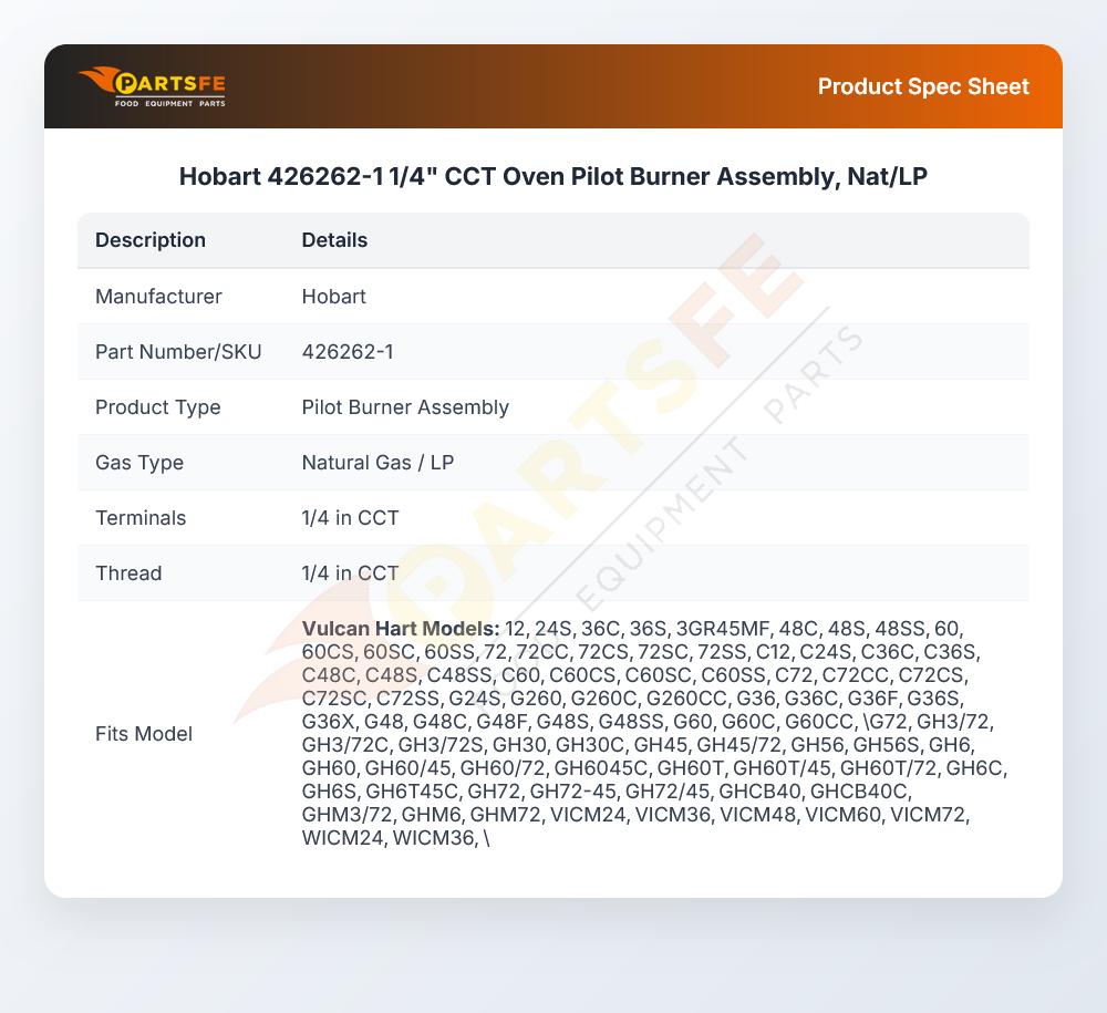 Hobart 426262-1 1/4" CCT Oven Pilot Burner Assembly, Nat/LP