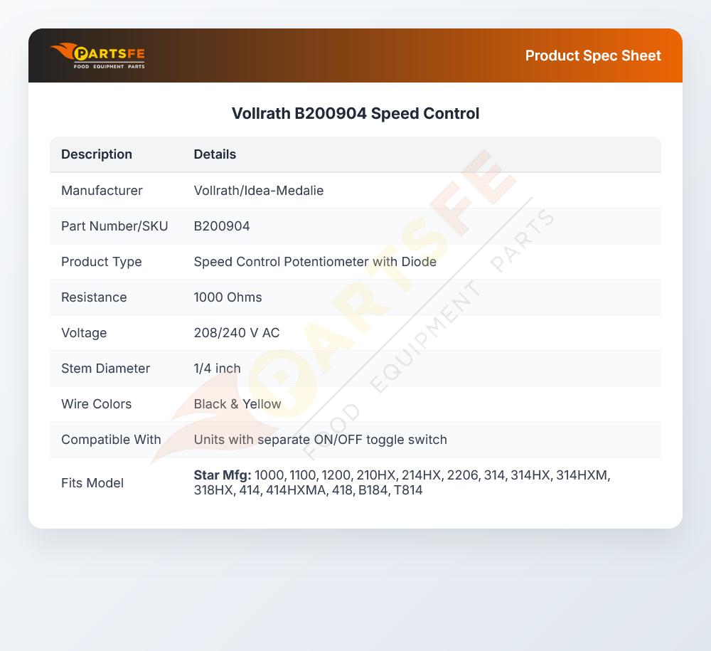 Vollrath B200904 Speed Control