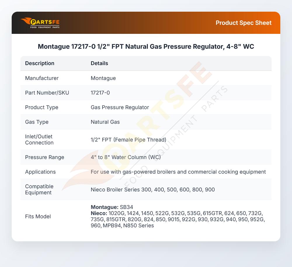 Montague 17217-0 1/2" FPT Natural Gas Pressure Regulator, 4-8" WC