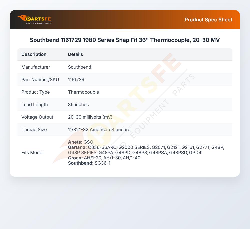 Southbend 1161729 1980 Series Snap Fit 36" Thermocouple, 20-30 MV