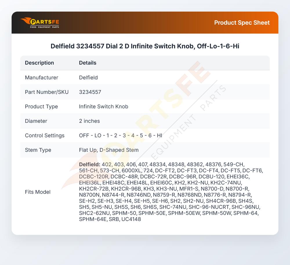 Delfield 3234557 Dial 2 D Infinite Switch Knob,  Off-Lo-1-6-Hi