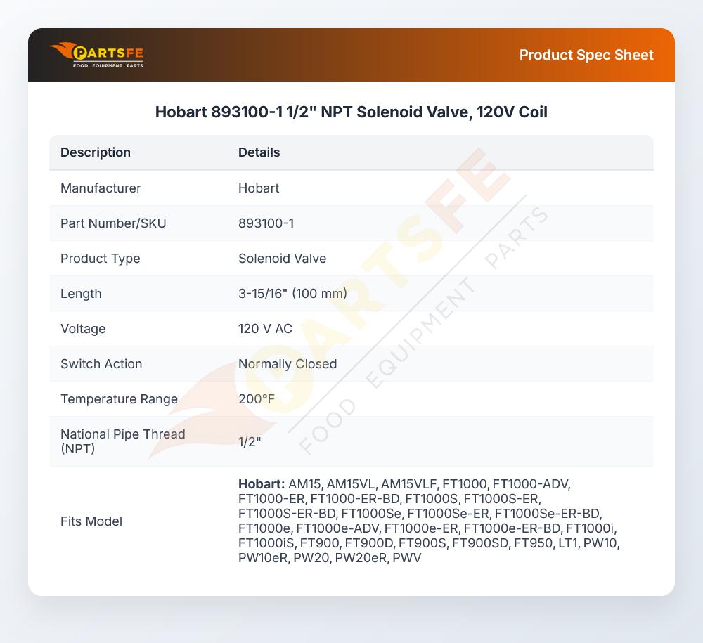 Hobart 893100-1 Dishwasher Solenoid Valve 1/2" 120V