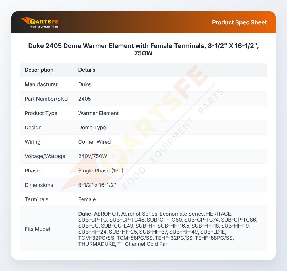 Duke 2405 Dome Warmer Element with Female Terminals, 8-1/2" X 16-1/2", 750W