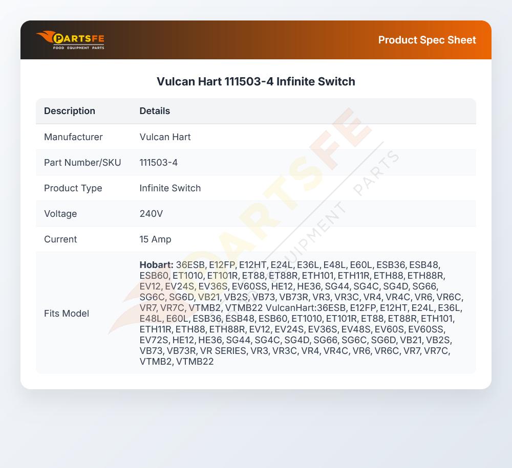 Vulcan Hart 111503-4 Infinite Switch