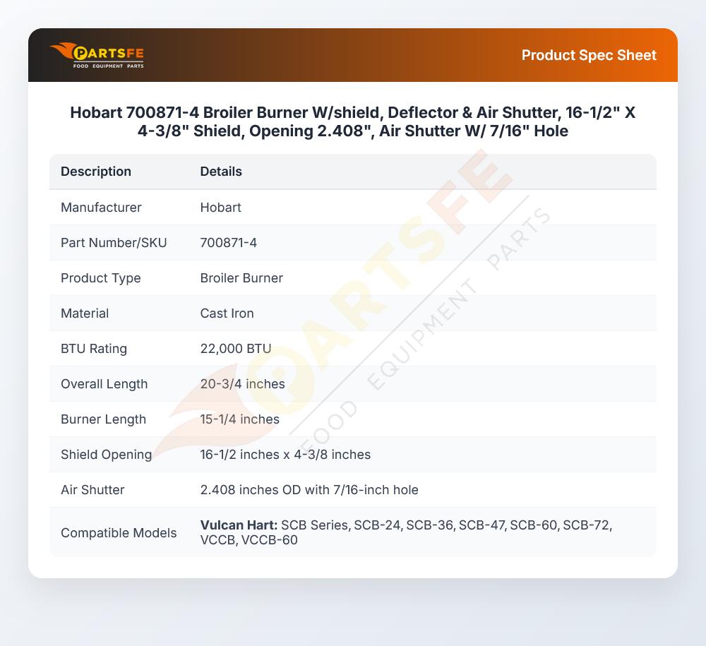 Hobart 700871-4 Burner W/Shield Deflector & Air Shutter CI 2.408" OD 7/16" Hole 16-1/2" X 4-3/8"