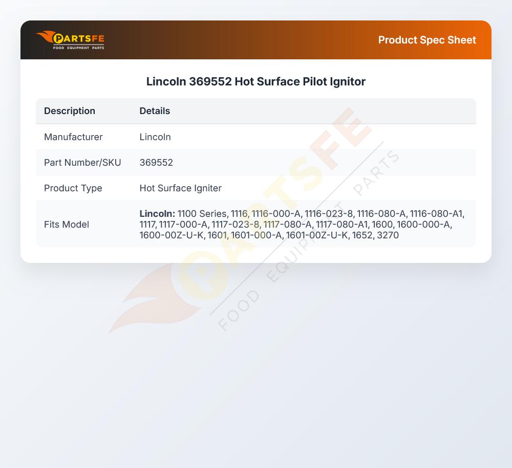 Lincoln 369552 Hot Surface Pilot Ignitor