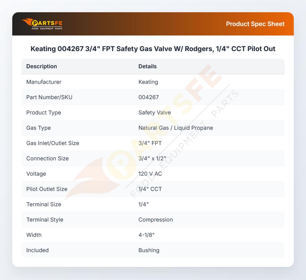 Keating 004267 Safety Gas Valve W/Rodgers Pilot Out 3/4" FPT 1/4" CCT