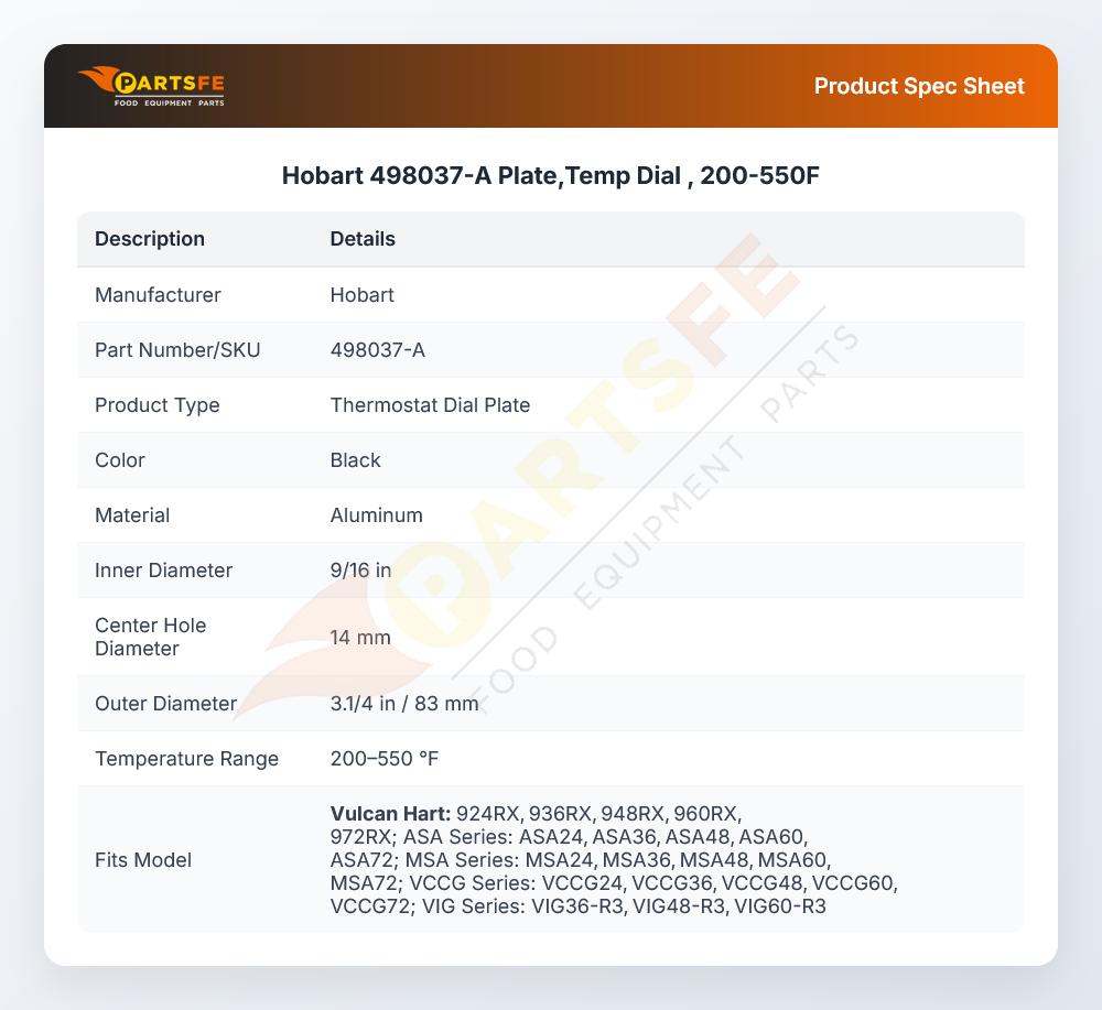 Hobart 498037-A Plate,Temp Dial , 200-550F