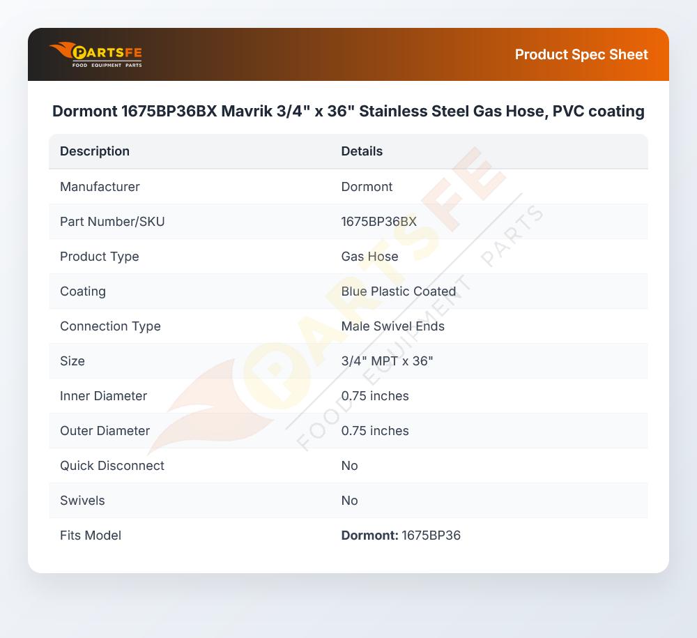 Dormont 1675BP36BX Gas Hose SS PVC Coating 3/4" X 36"