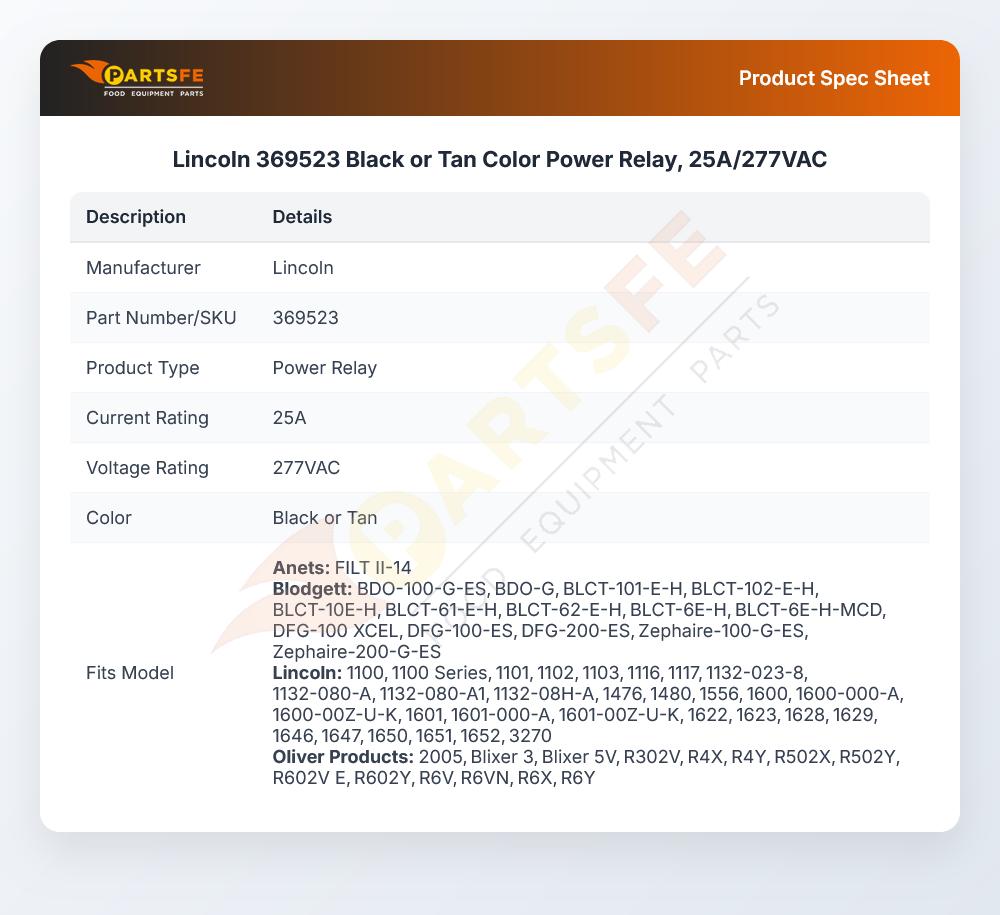 Lincoln 369523 Black or Tan Color Power Relay, 25A/277VAC