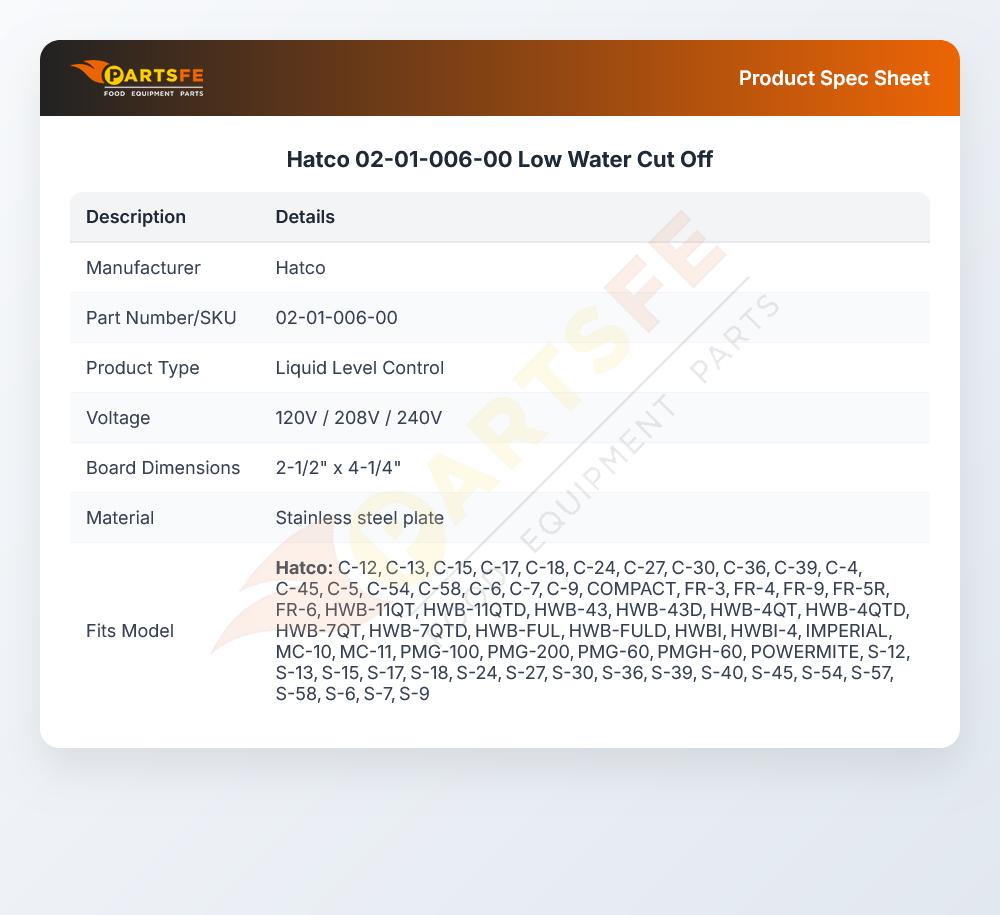 Hatco 02-01-006-00 Low Water Cut Off Board