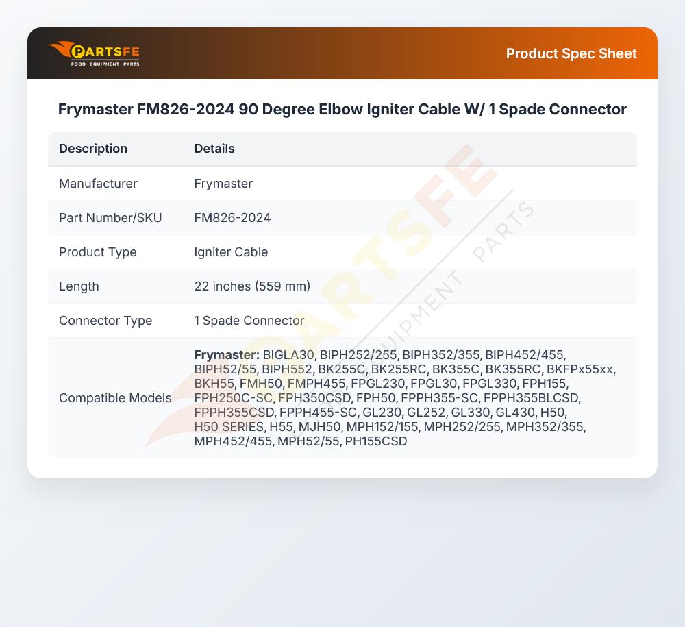 Frymaster FM826-2024 90 Degree Elbow Igniter Cable W/ 1 Spade Connector