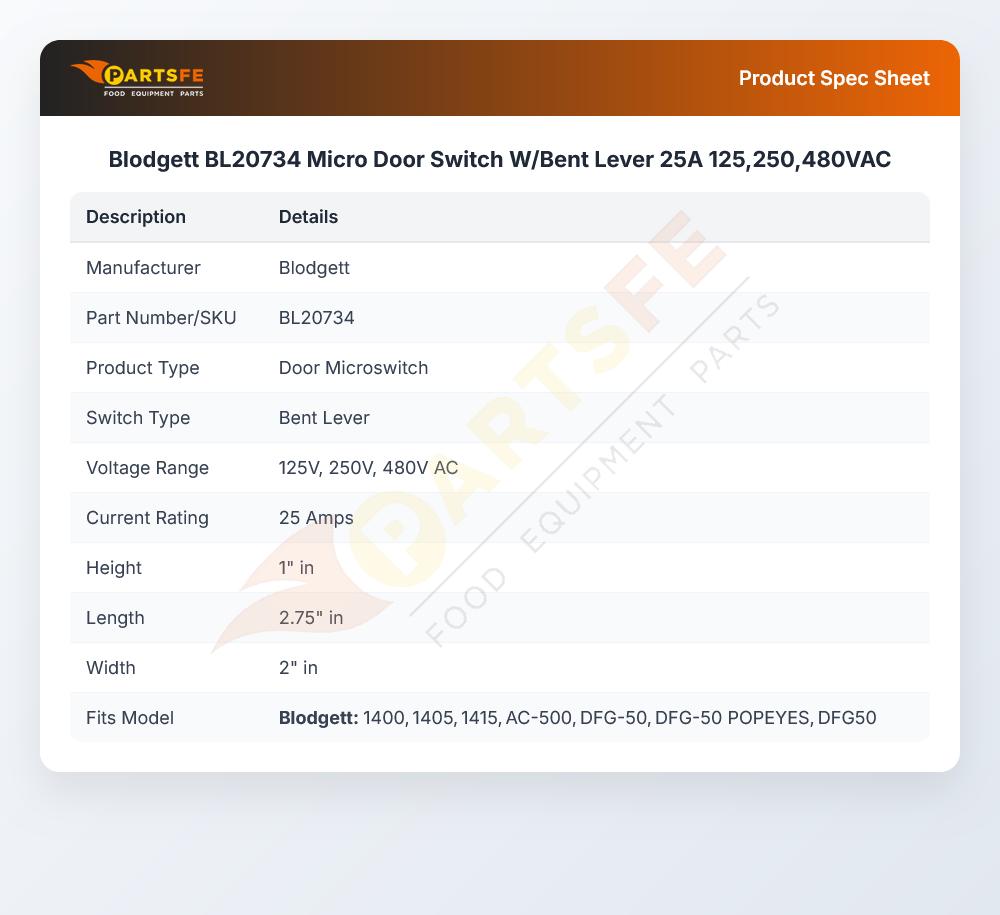 Blodgett BL20734 Micro Door Switch W/Bent Lever 25A 125 250 480VAC