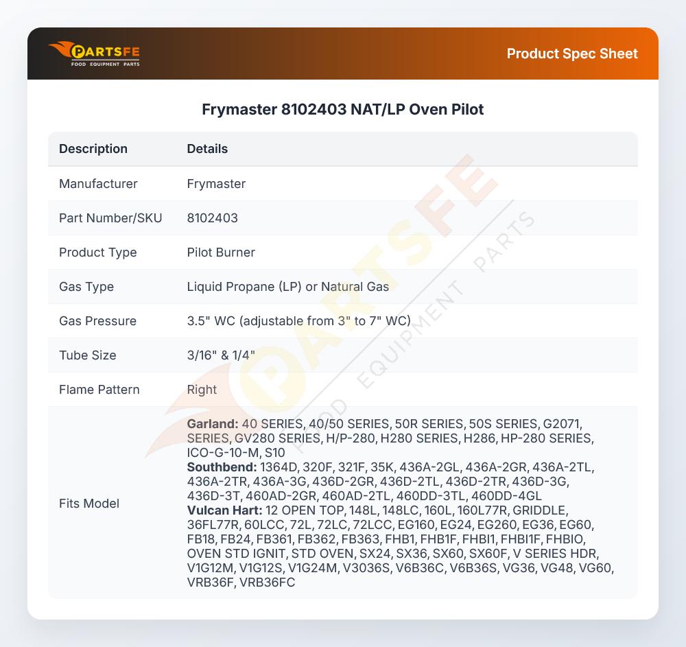 Frymaster 8102403 NAT/LP Oven Pilot