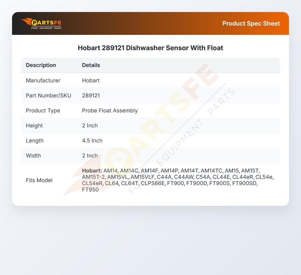 Hobart 289121 Dishwasher Probe Sensor W/Float