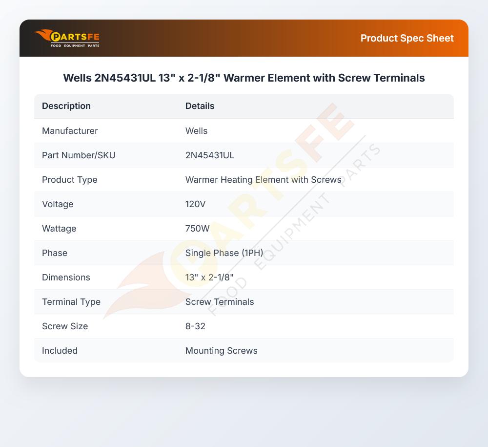 Wells 2N45431UL Warmer Heating Element 750W 120V