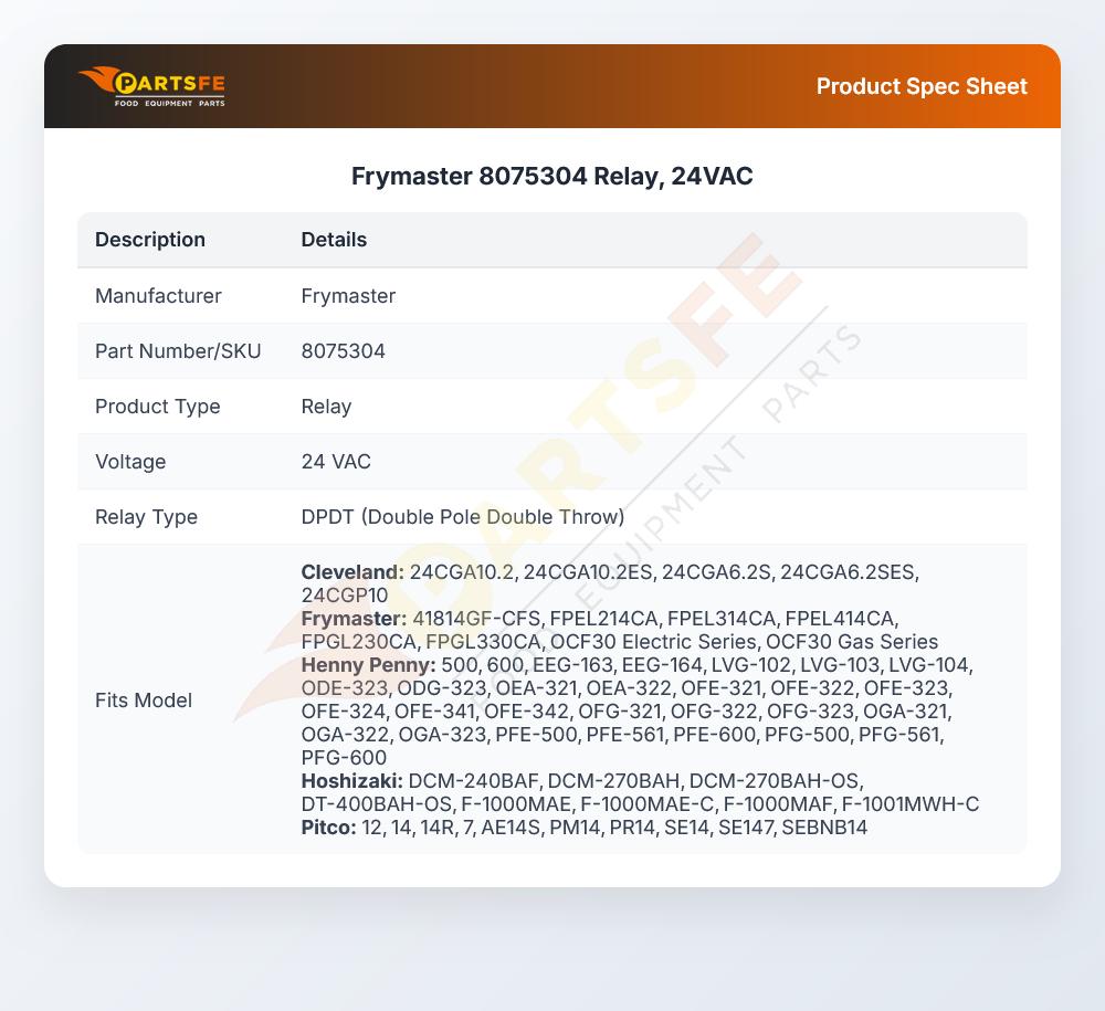 Frymaster 8075304 Relay, 24VAC