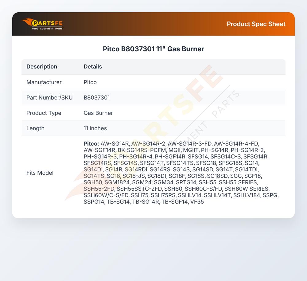 Pitco B8037301 Gas Burner 11"