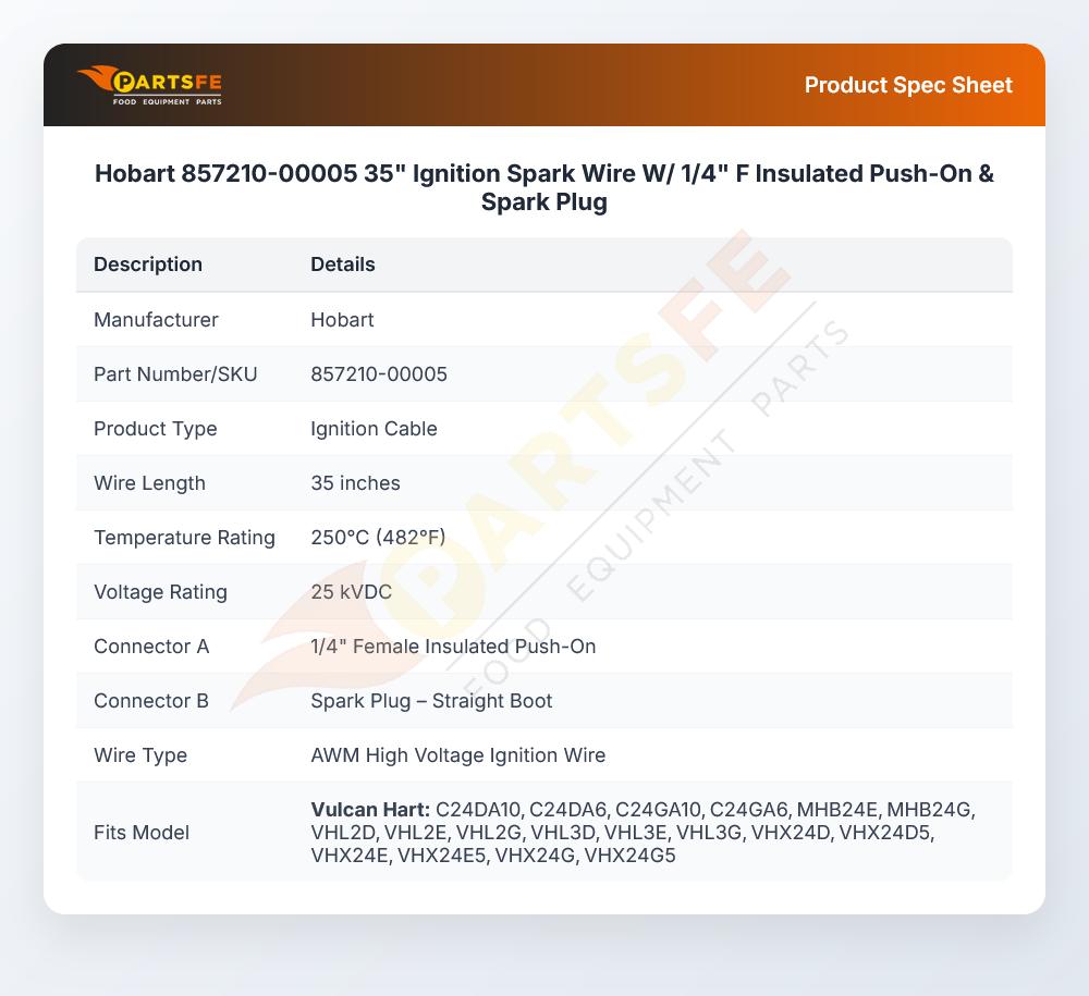 Hobart 857210-00005 35" Ignition Spark Wire W/ 1/4" F Insulated Push-On & Spark Plug