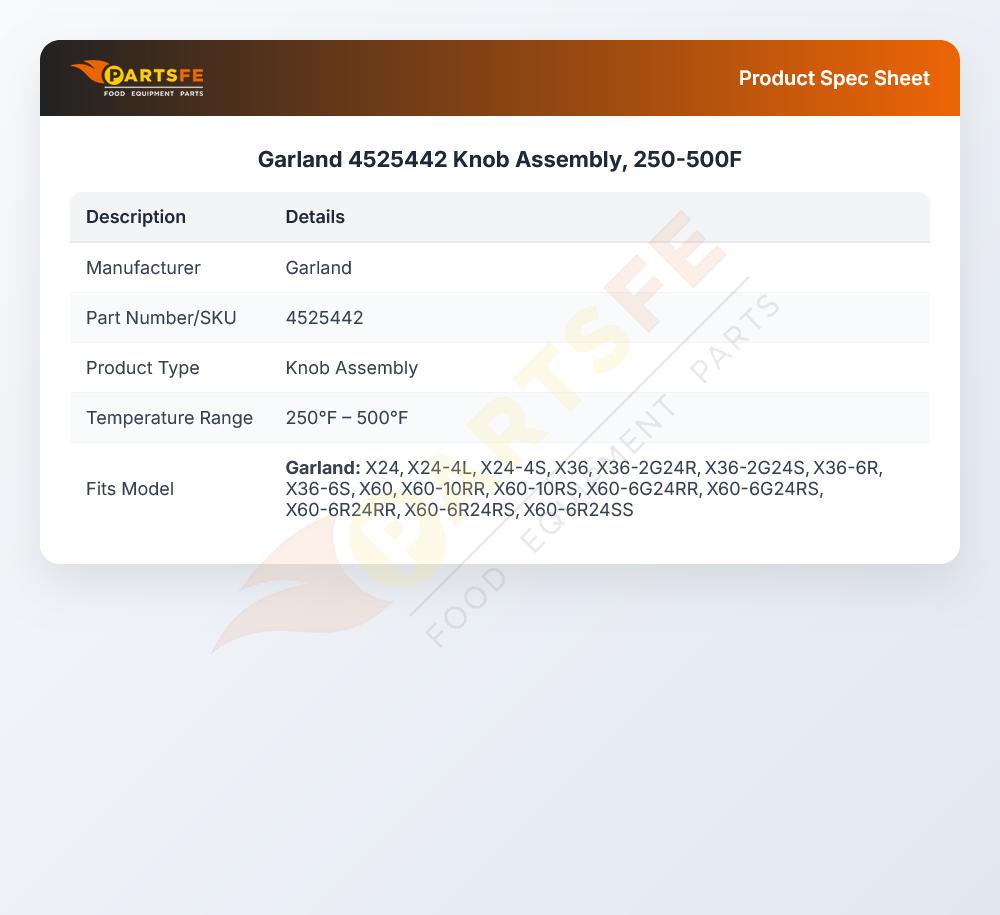 Garland 4525442 Range Knob Assembly 250&deg;F-500&deg;F