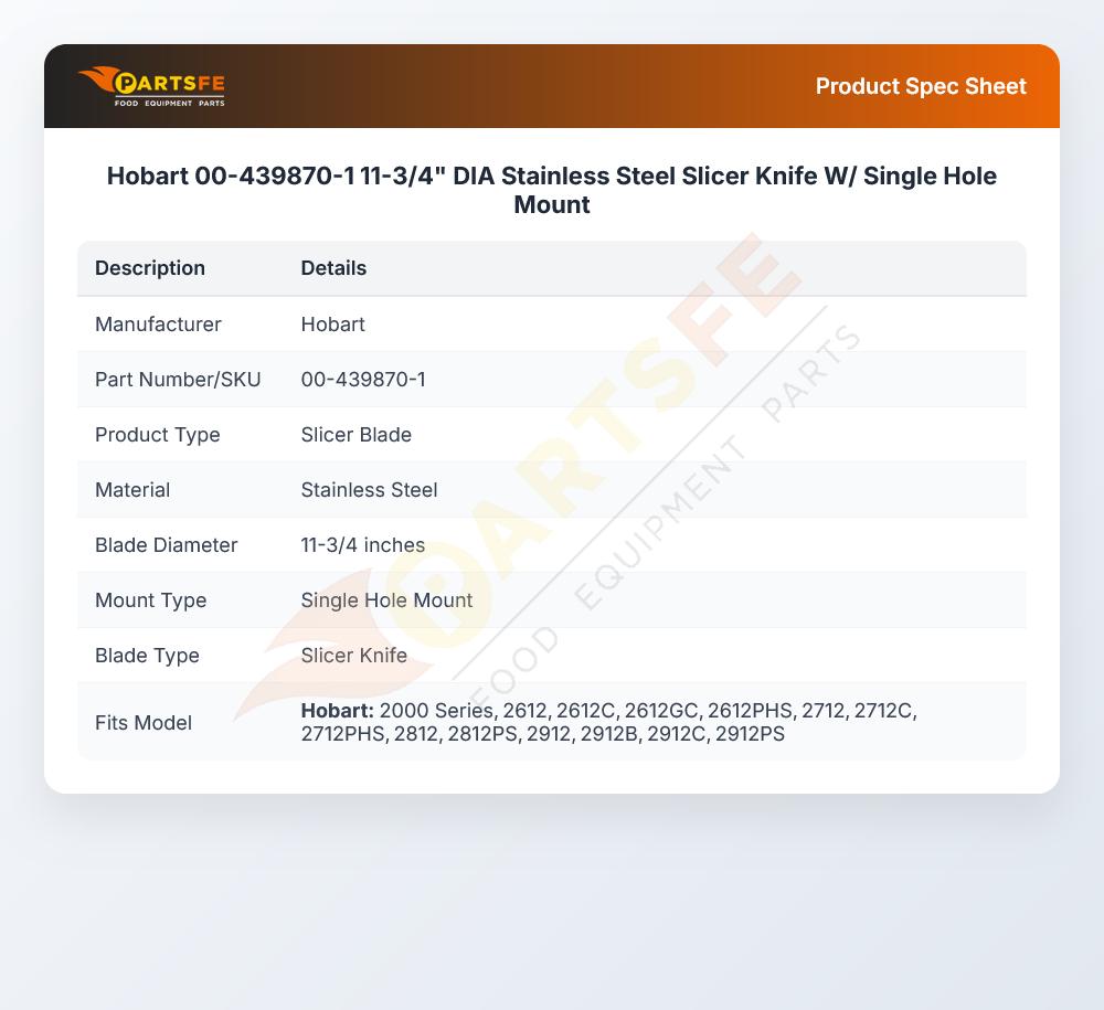Hobart 00-439870-1 Slicer Knife W/ Single Hole Mount 11-3/4" DIA SS