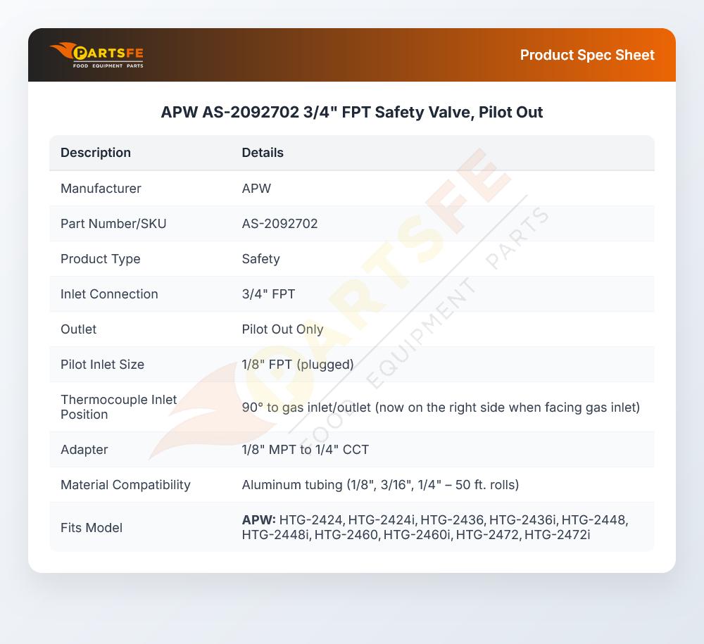 APW AS-2092702 Gas Griddle Pilot Safety Valve