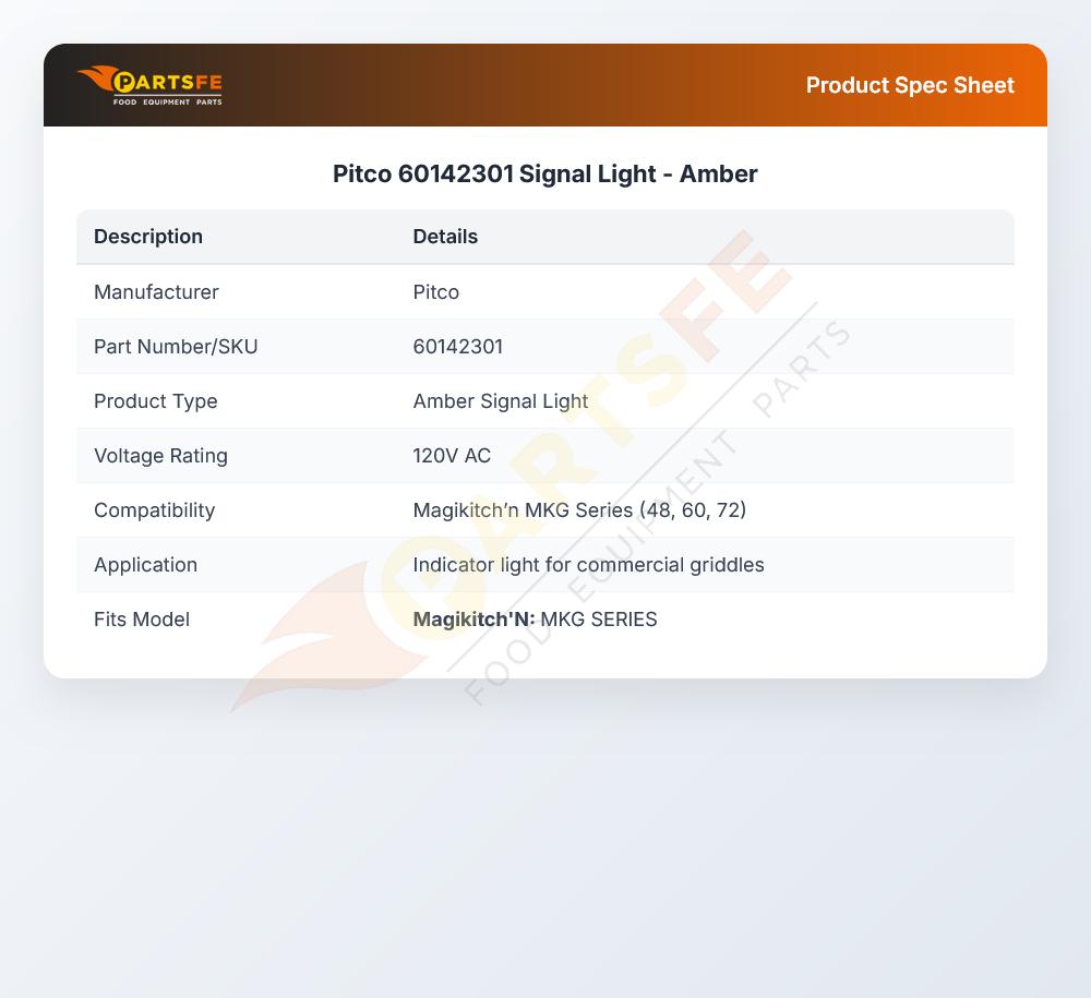 Pitco 60142301 Amber Signal Light Neon 120V