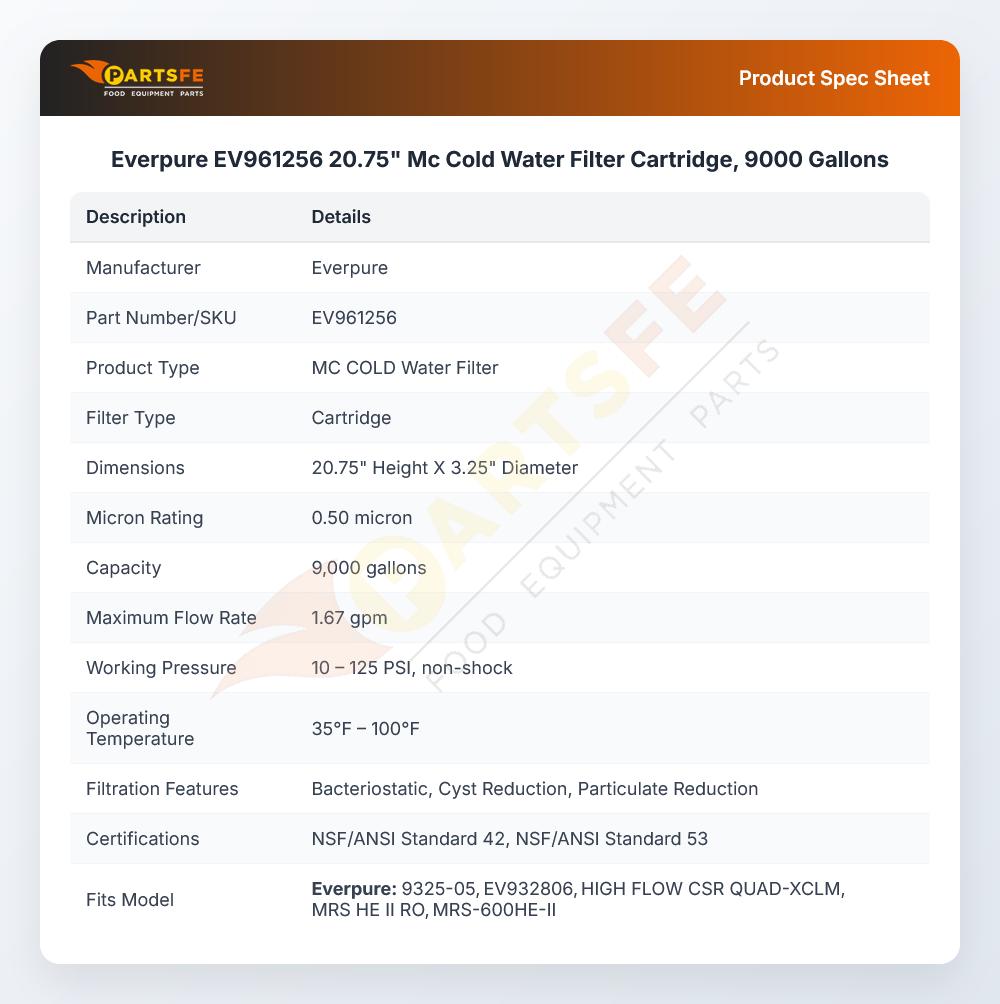 Everpure EV961256 Cold Water Filter Cartridge MC2 9000 Gallons 20.75"