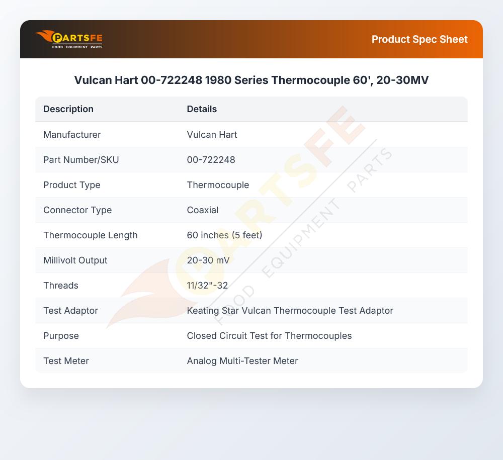 Vulcan Hart 00-722248 1980 Series Thermocouple 60' 20-30MV